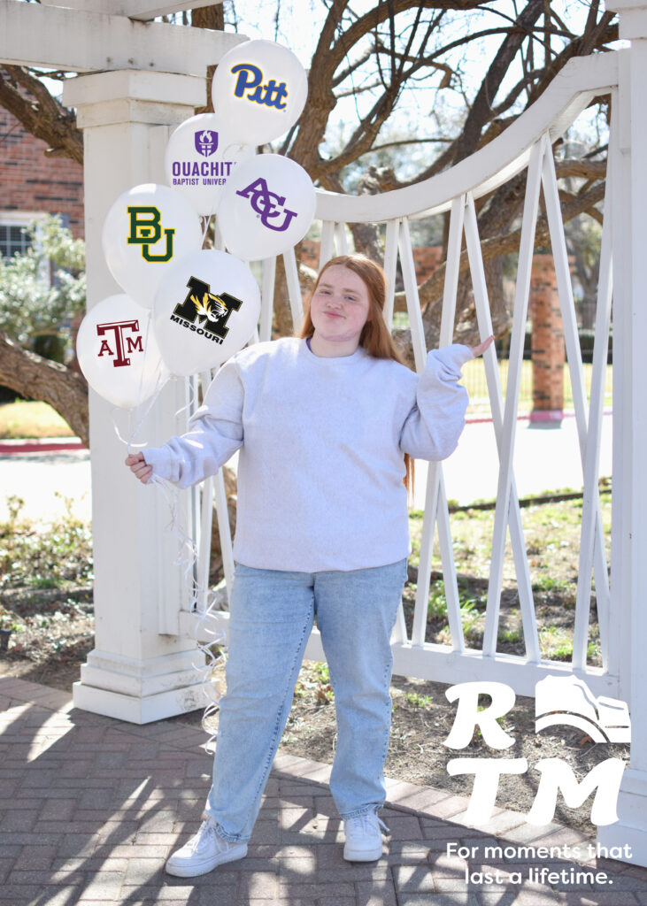 girl holding balloons; college reveal
